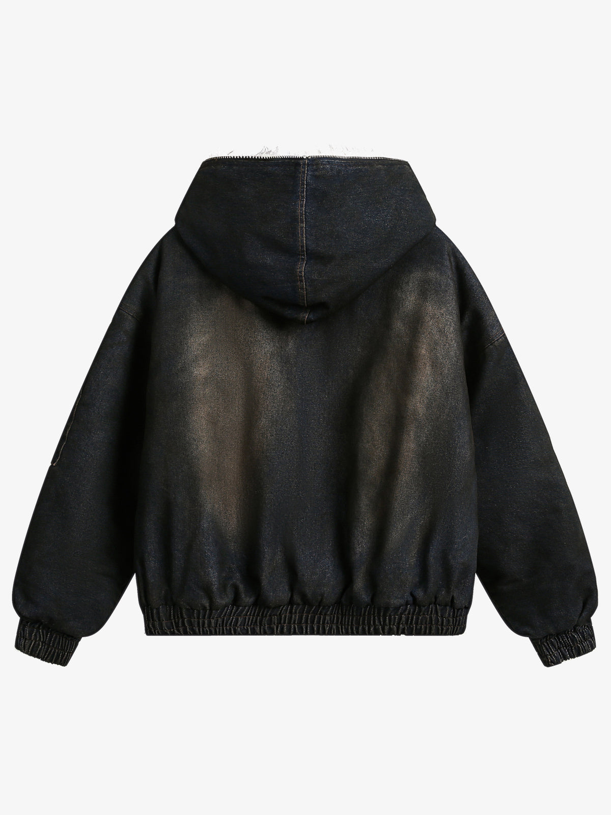 BLACK ENERGY WASHED FUR TRIM JACKET; Black; back view