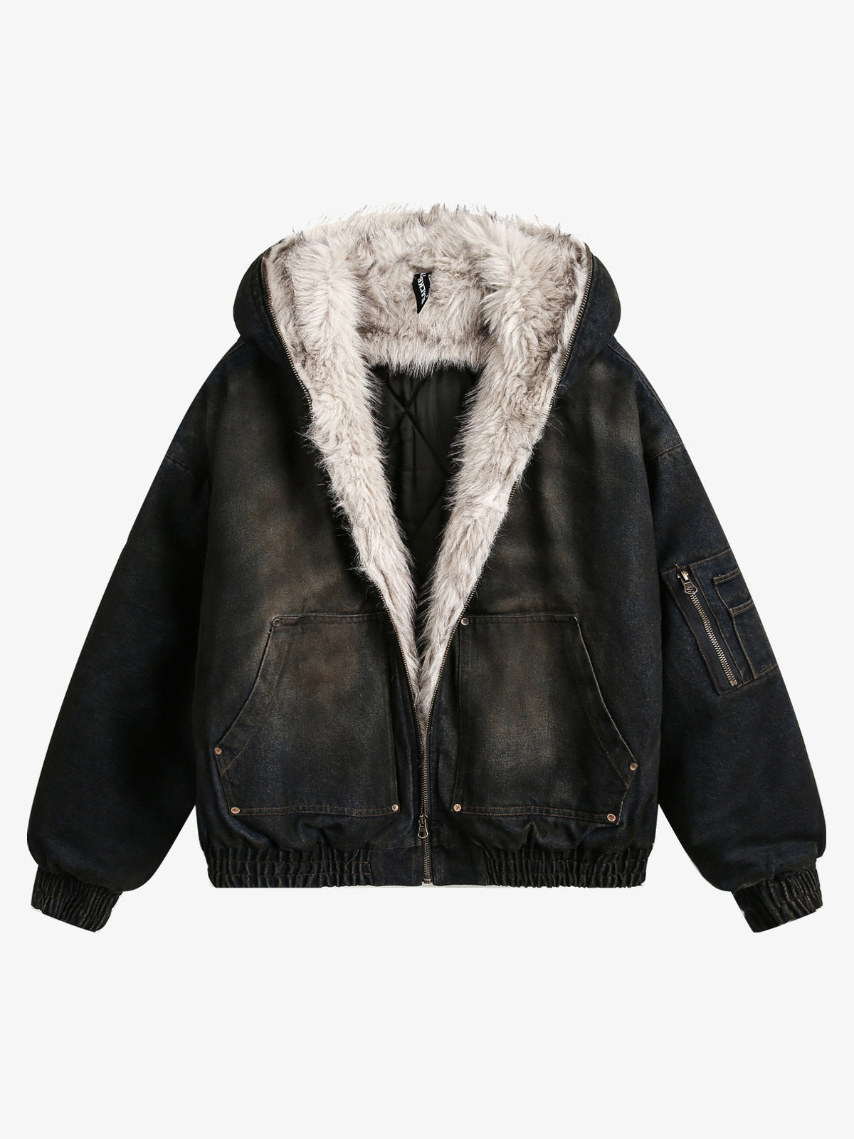 BLACK ENERGY WASHED FUR TRIM JACKET; Black; front view