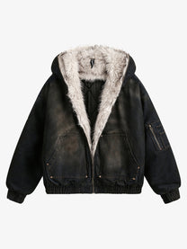 BLACK ENERGY WASHED FUR TRIM JACKET; Black; front view