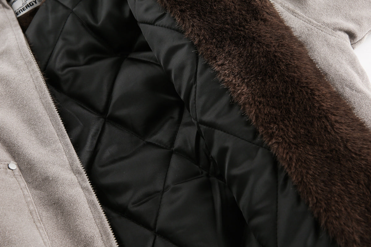 BLACK ENERGY FUR HOOD PATCH POCKET JACKET; Gray; fabric detail