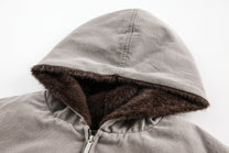 BLACK ENERGY FUR HOOD PATCH POCKET JACKET; Gray; garment construction detail