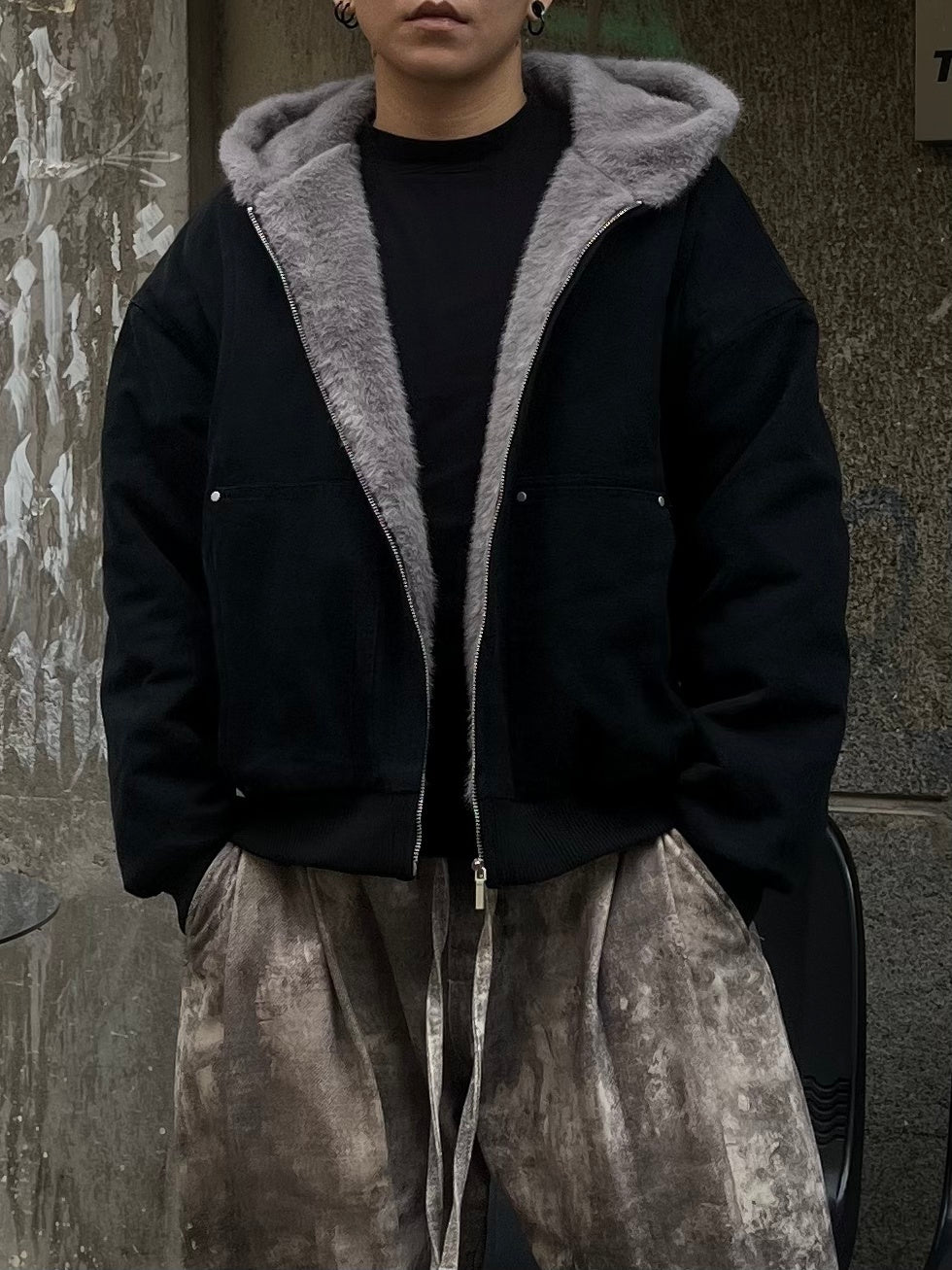 BLACK ENERGY FUR HOOD PATCH POCKET JACKET; Black; model view