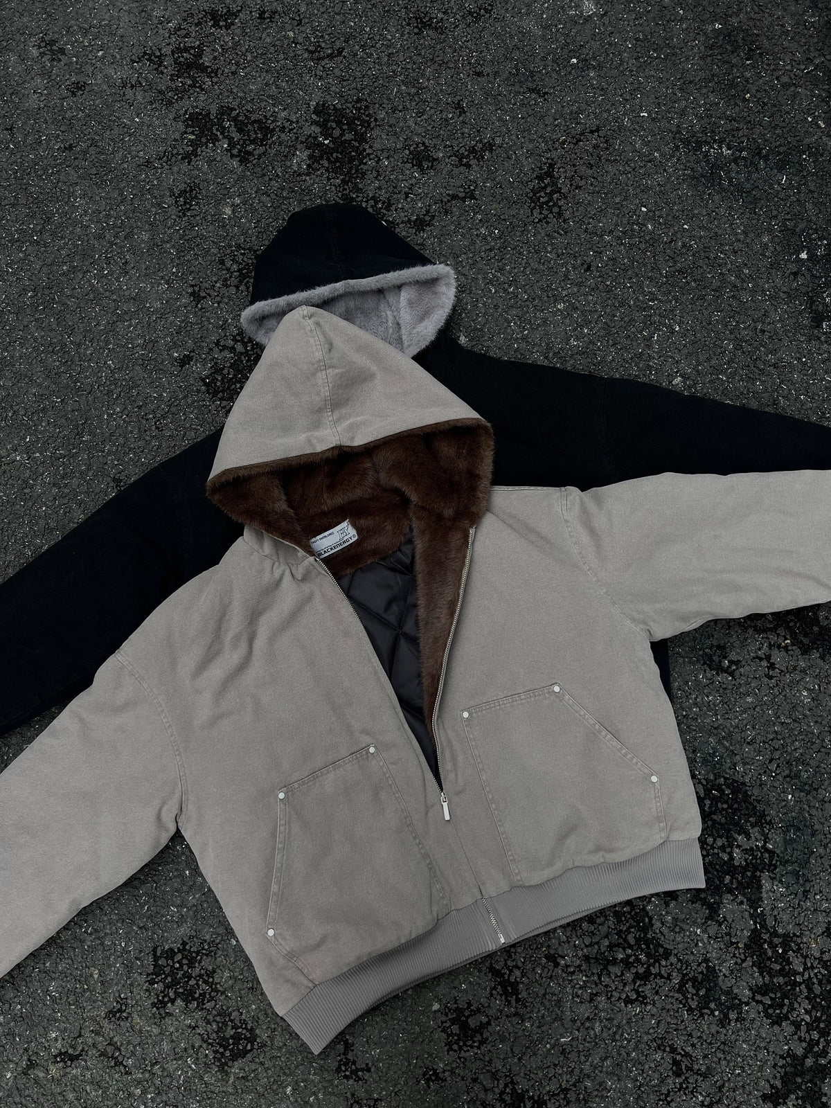 BLACK ENERGY FUR HOOD PATCH POCKET JACKET; Gray; front view in a styled setting