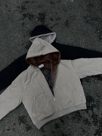 BLACK ENERGY FUR HOOD PATCH POCKET JACKET; Gray; front view in a styled setting