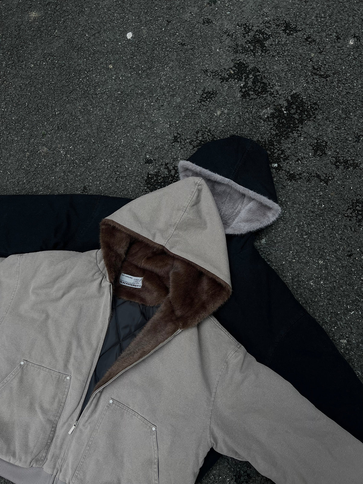 BLACK ENERGY FUR HOOD PATCH POCKET JACKET; Gray; garment construction detail