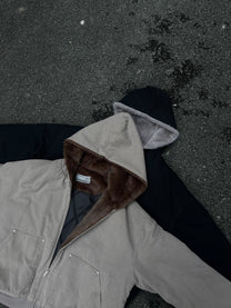BLACK ENERGY FUR HOOD PATCH POCKET JACKET; Gray; garment construction detail