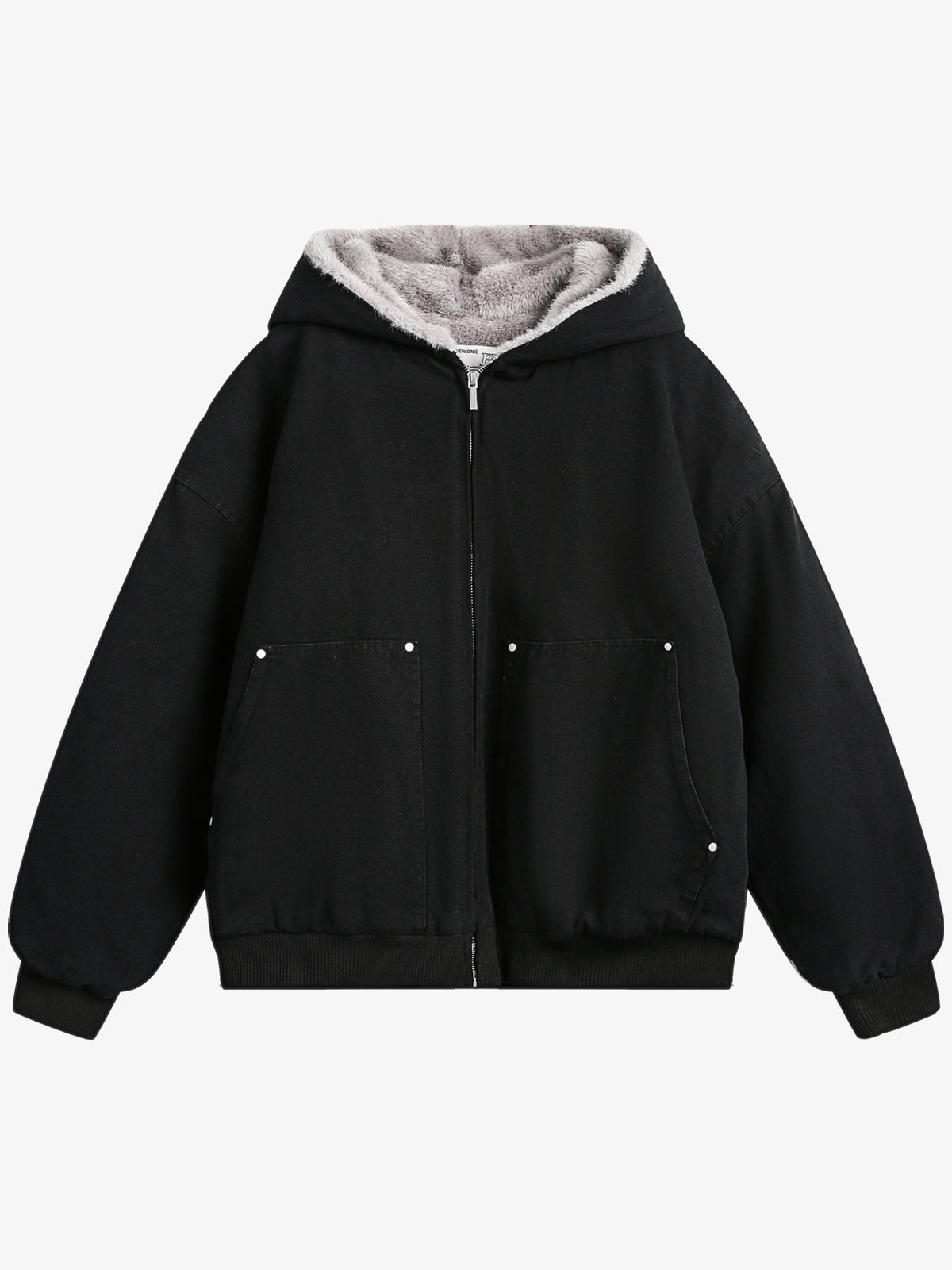BLACK ENERGY FUR HOOD PATCH POCKET JACKET; Black; front view