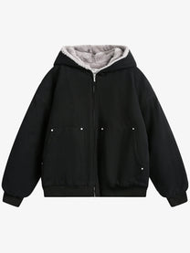 BLACK ENERGY FUR HOOD PATCH POCKET JACKET; Black; front view