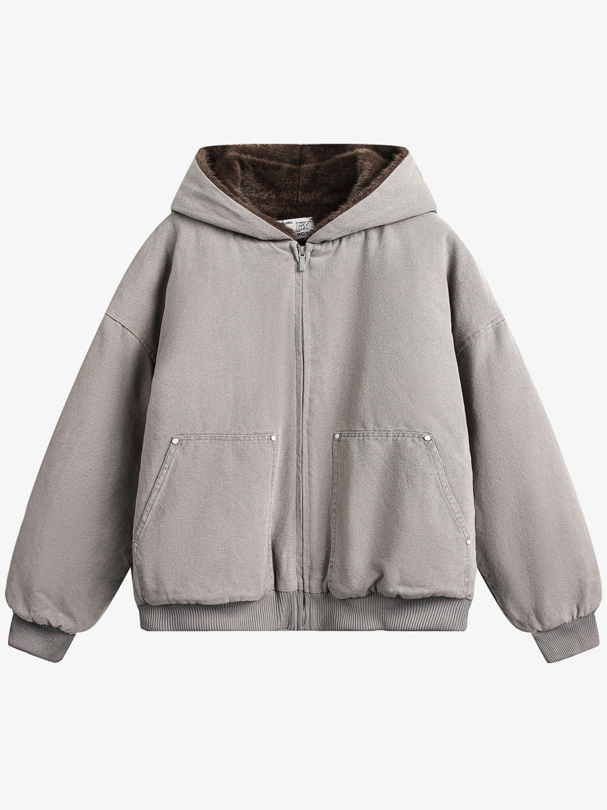 BLACK ENERGY FUR HOOD PATCH POCKET JACKET; Gray; front view