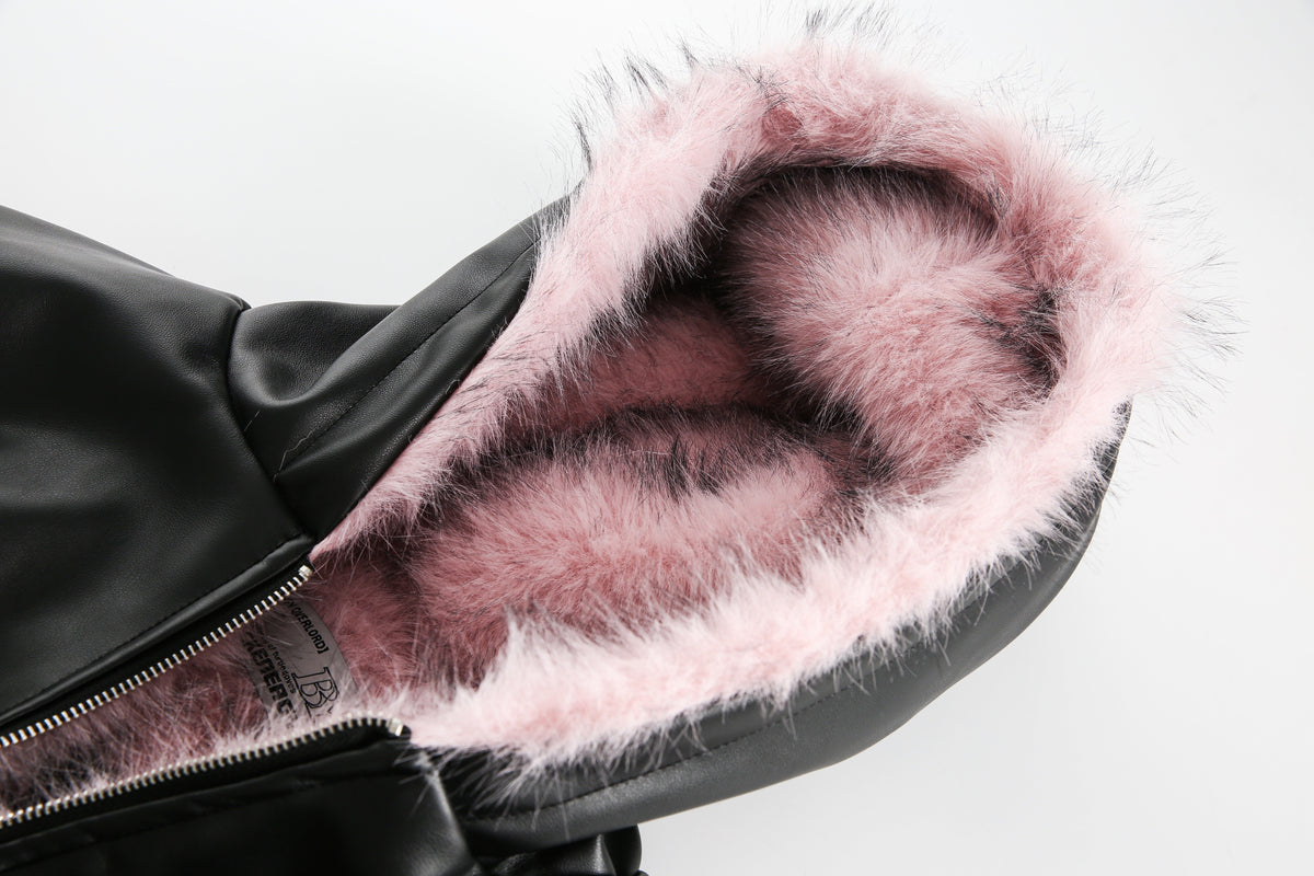 BLACK ENERGY PINK FUR TRIM JACKET; Black; garment construction detail
