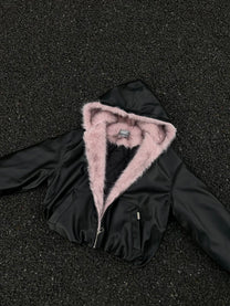BLACK ENERGY PINK FUR TRIM JACKET; Black; front view in a styled setting