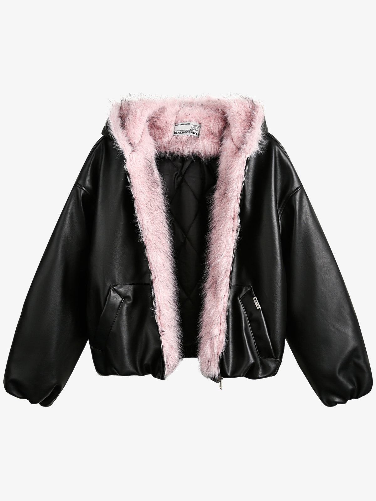 BLACK ENERGY PINK FUR TRIM JACKET; Black; front view