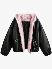 BLACK ENERGY PINK FUR TRIM JACKET; Black; front view