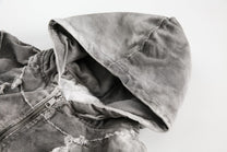 GUO WEAR DISTRESSED GRAPHIC PUFFER JACKET; Gray; garment construction detail