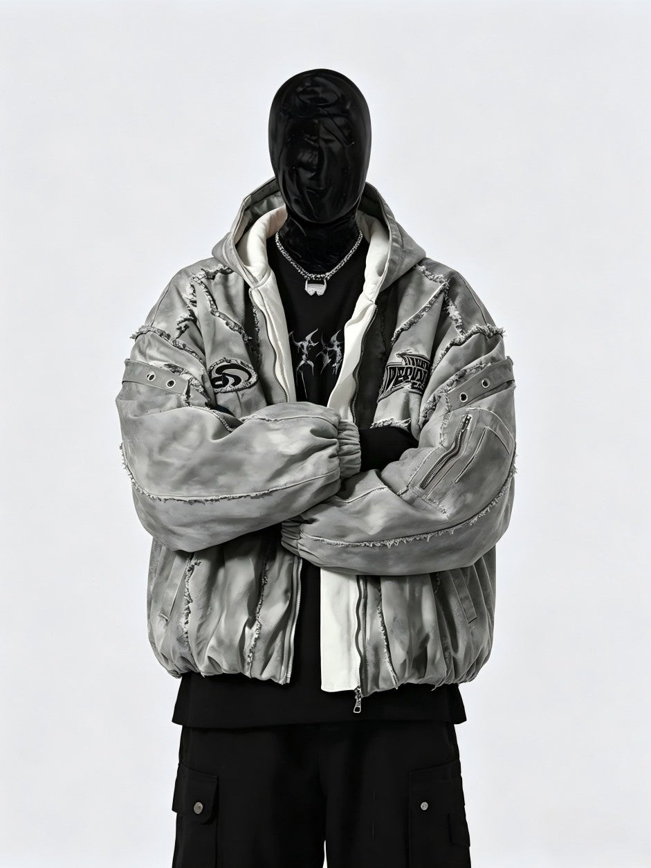 GUO WEAR DISTRESSED GRAPHIC PUFFER JACKET; Gray; model view