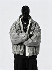 GUO WEAR DISTRESSED GRAPHIC PUFFER JACKET; Gray; model view