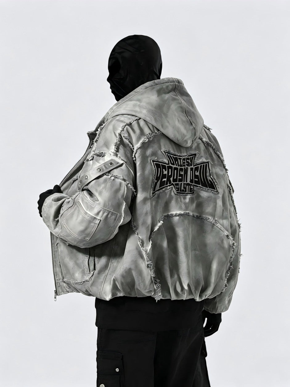 GUO WEAR DISTRESSED GRAPHIC PUFFER JACKET; Gray; model view