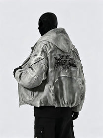 GUO WEAR DISTRESSED GRAPHIC PUFFER JACKET; Gray; model view