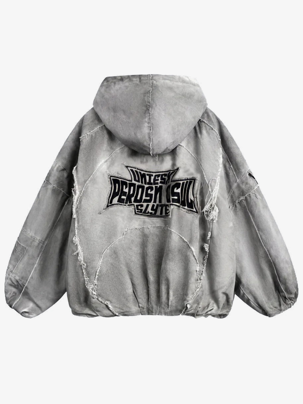 GUO WEAR DISTRESSED GRAPHIC PUFFER JACKET; Gray; back view