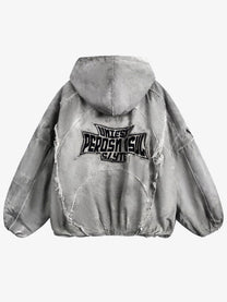 GUO WEAR DISTRESSED GRAPHIC PUFFER JACKET; Gray; back view