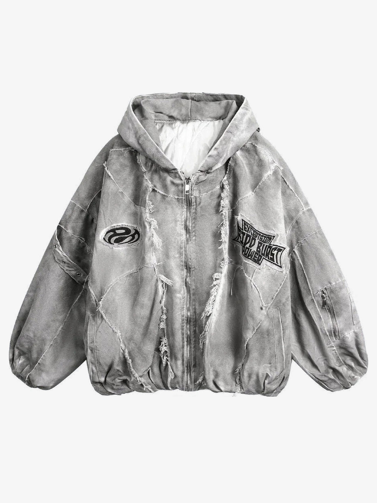 GUO WEAR DISTRESSED GRAPHIC PUFFER JACKET; Gray; front view