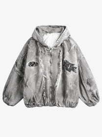 GUO WEAR DISTRESSED GRAPHIC PUFFER JACKET; Gray; front view