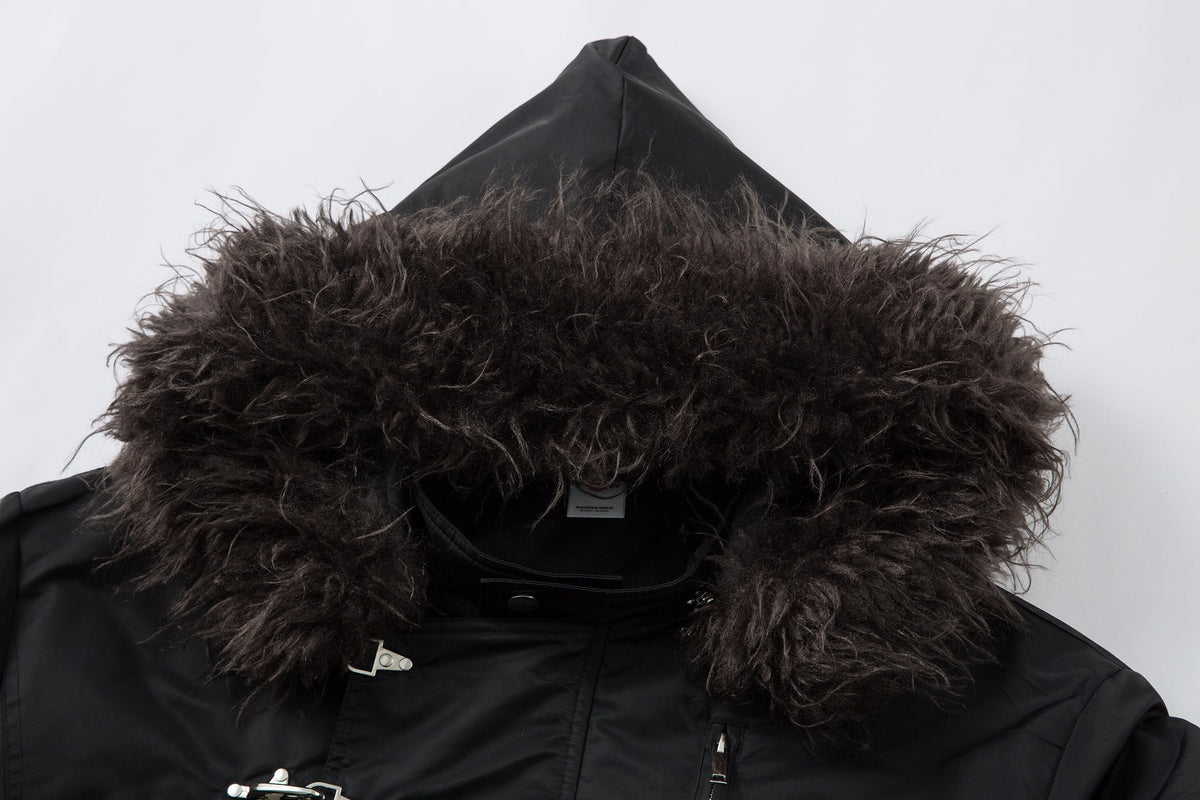 MCCNN FUR HOOD BUCKLE JACKET; Black; garment construction detail
