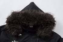 MCCNN FUR HOOD BUCKLE JACKET; Black; garment construction detail