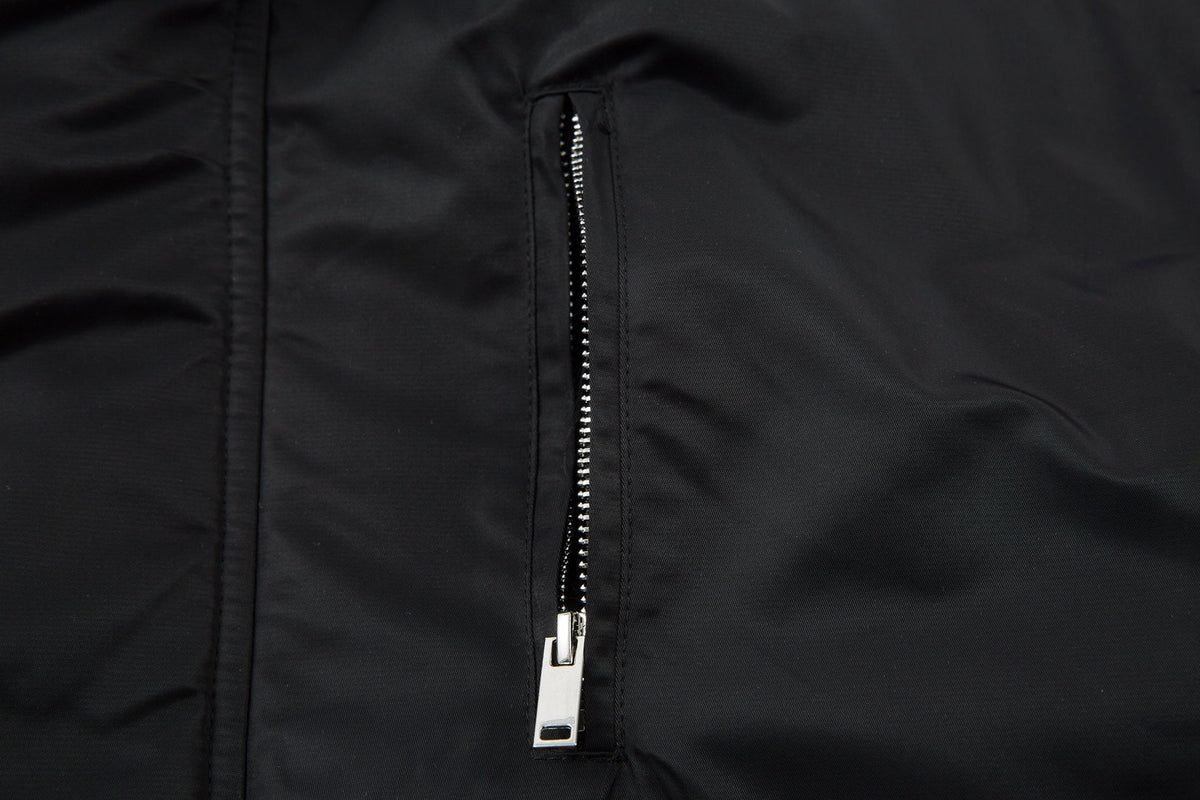 MCCNN FUR HOOD BUCKLE JACKET; Black; garment construction detail