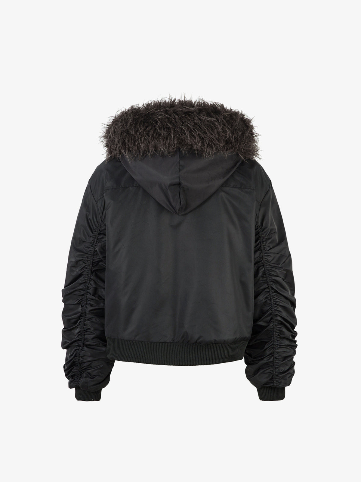 MCCNN FUR HOOD BUCKLE JACKET; Black; back view