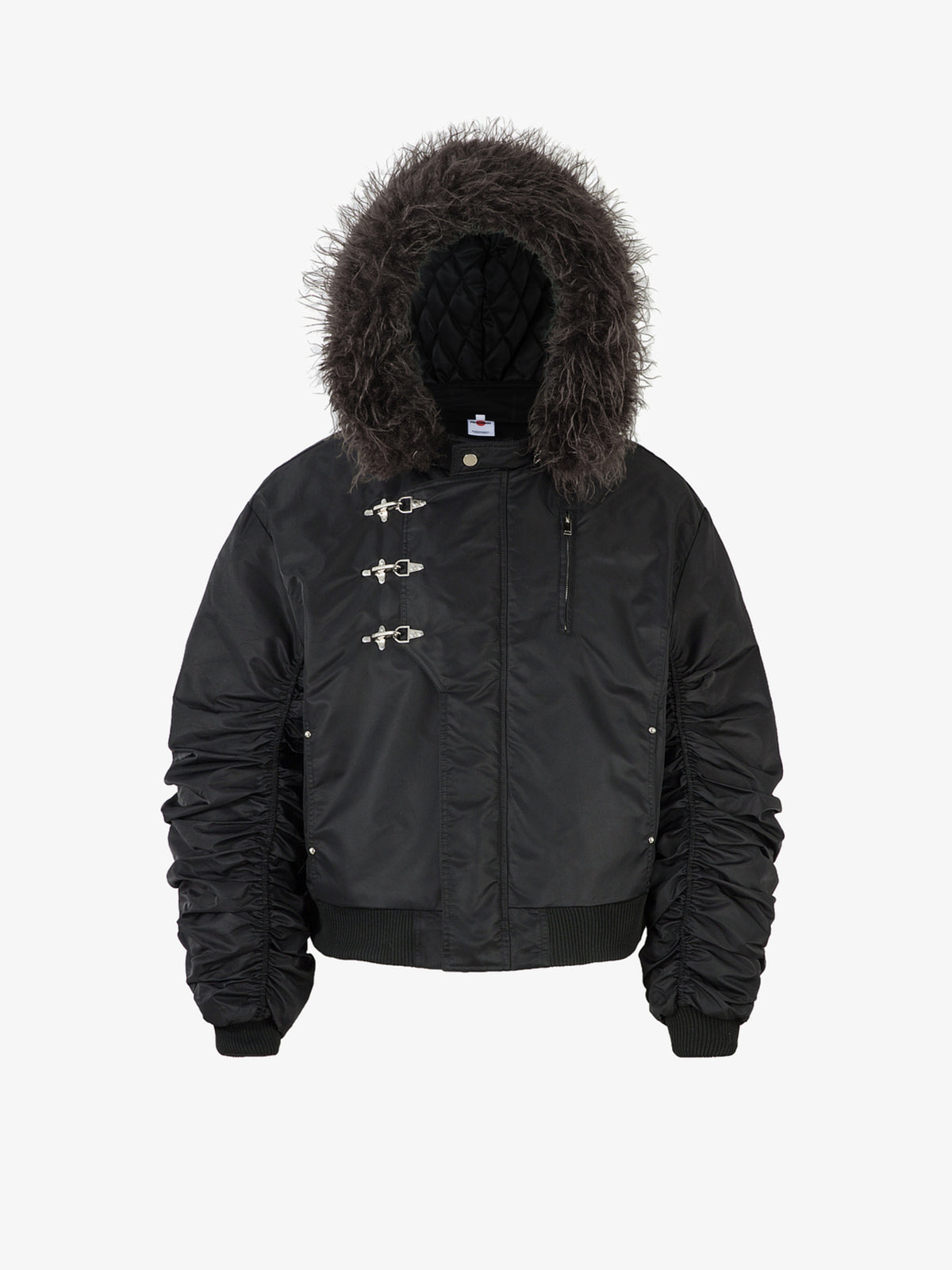 MCCNN FUR HOOD BUCKLE JACKET; Black; front view