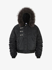 MCCNN FUR HOOD BUCKLE JACKET; Black; front view