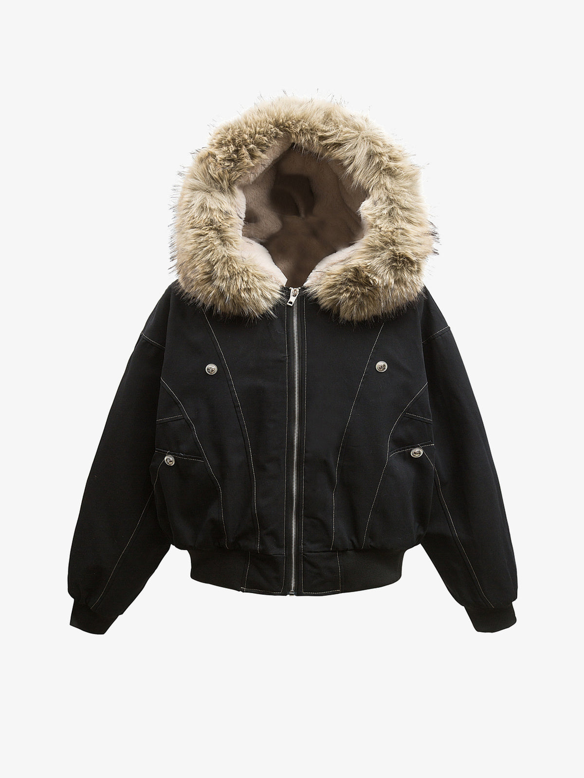 REHTRELT FUR HOOD CROPPED JACKET; Black; front view