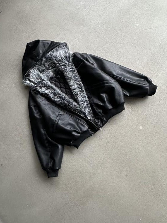 SMK MADE FUR TRIM HOODED JACKET; Black; front view in a styled setting