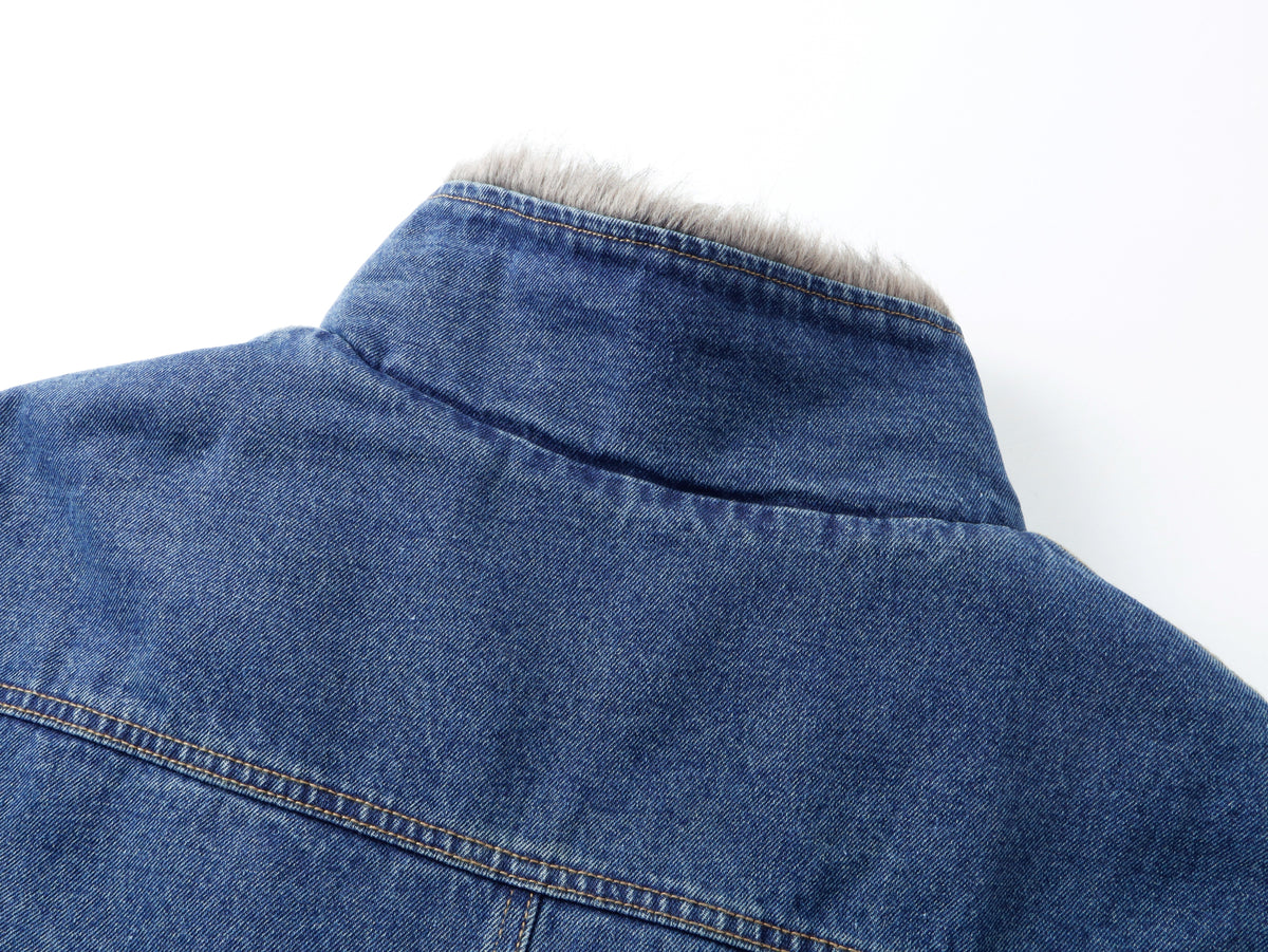 SMK MADE FUR COLLAR DENIM JACKET; Denim Blue; fabric detail