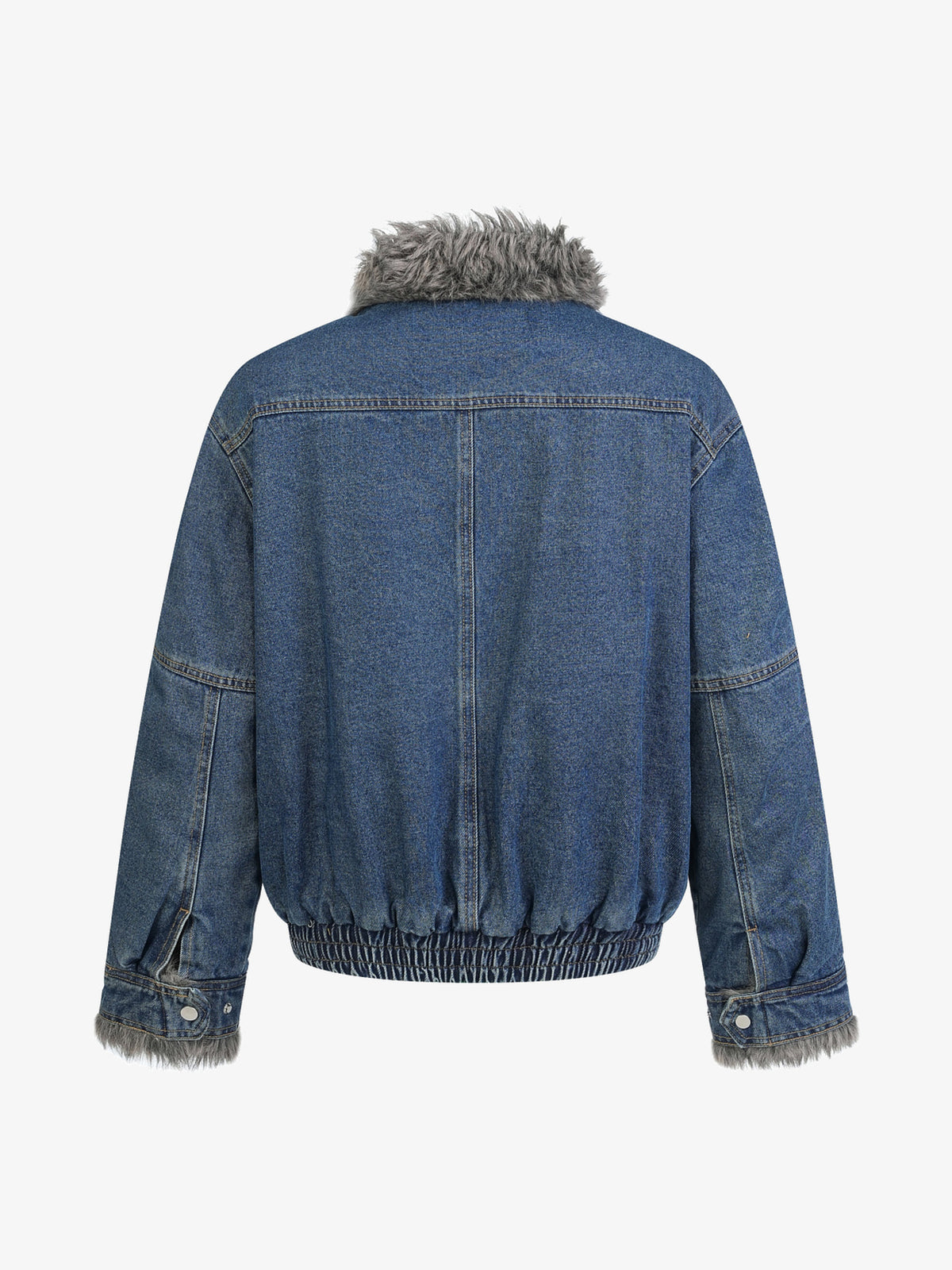 SMK MADE FUR COLLAR DENIM JACKET; Denim Blue; back view