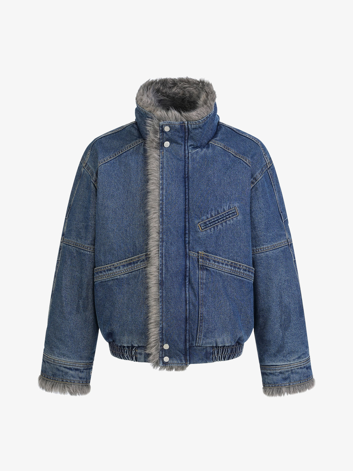 SMK MADE FUR COLLAR DENIM JACKET; Denim Blue; front view