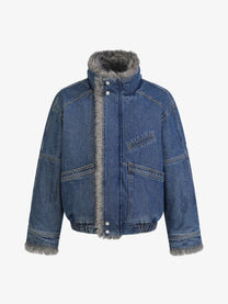 SMK MADE FUR COLLAR DENIM JACKET; Denim Blue; front view