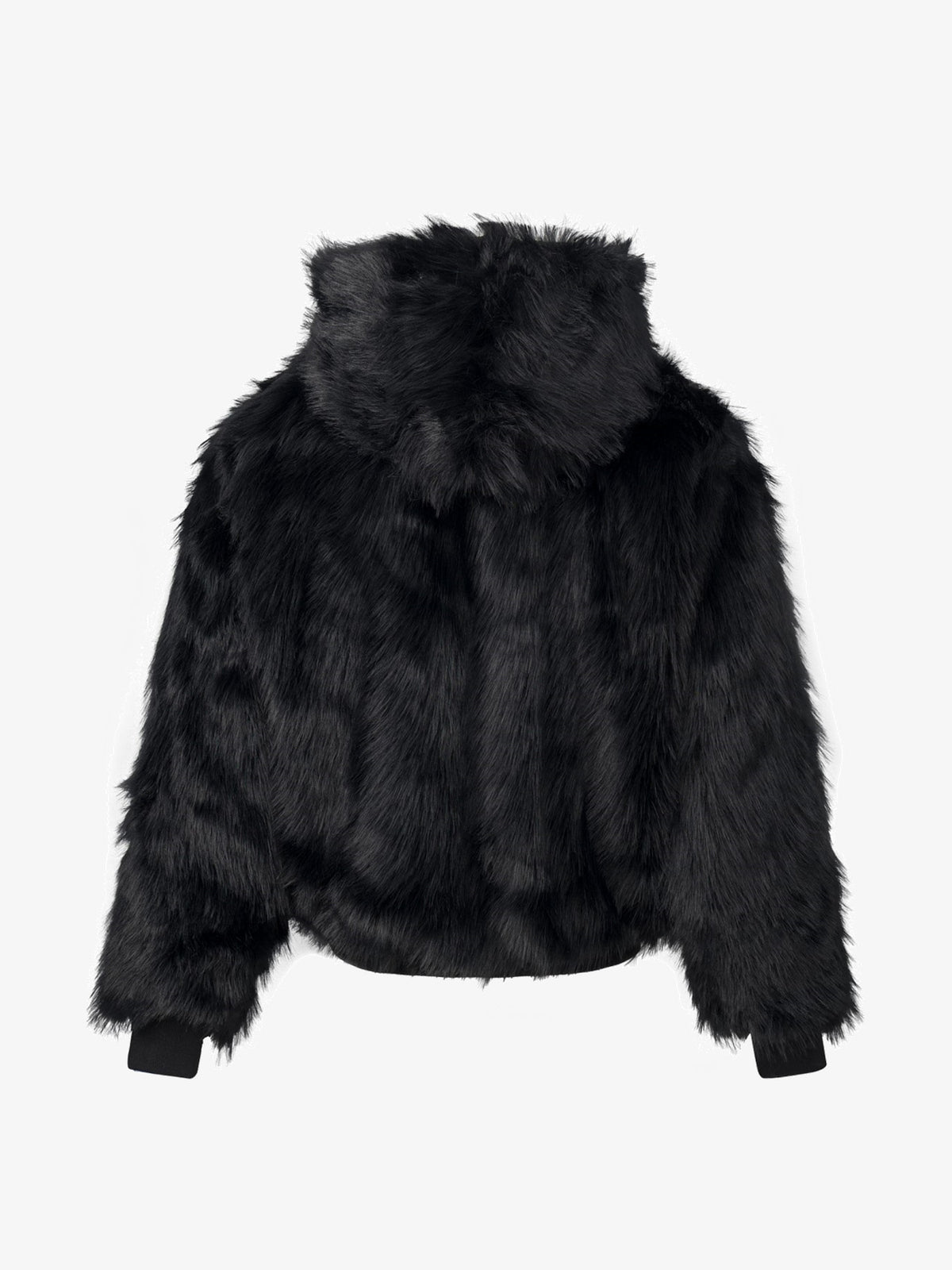 TAELE PLUS CROSS PANEL FAUX FUR COAT; Black; back view