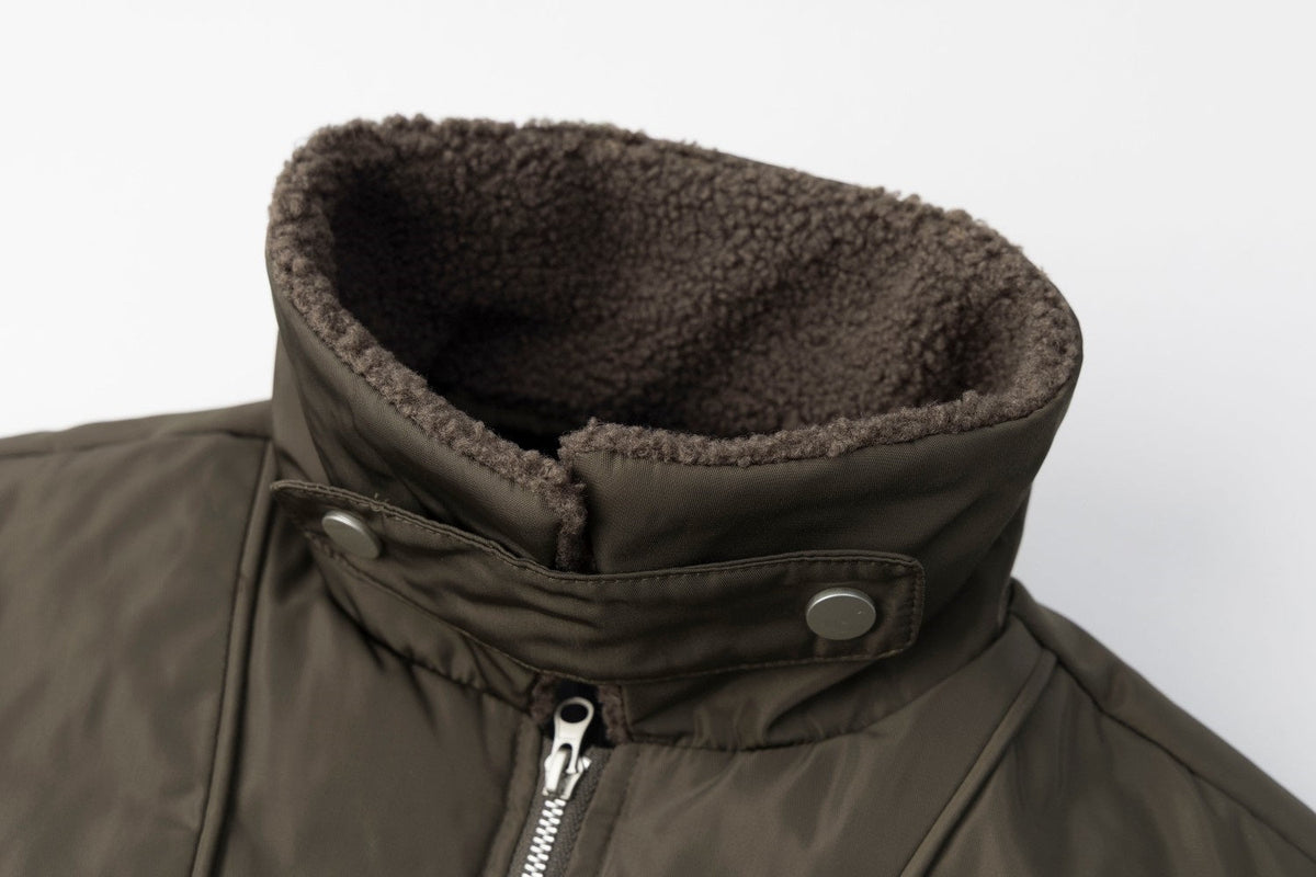 TAELE PLUS FAUX FUR COLLAR ZIP JACKET; Brown Green; garment construction detail
