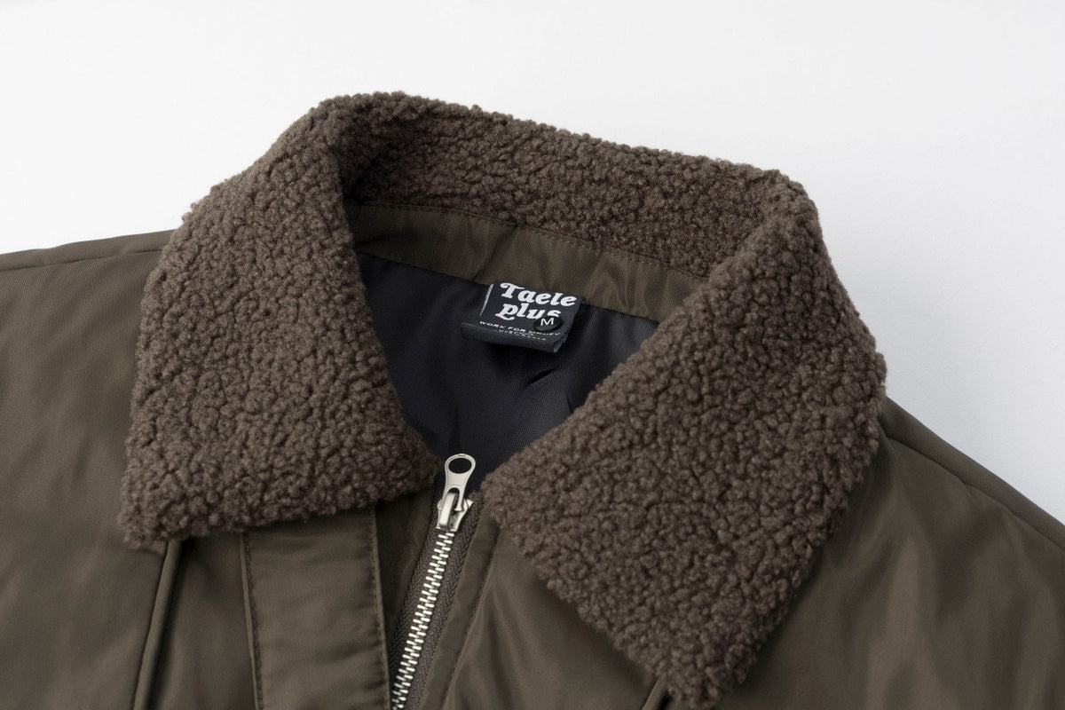TAELE PLUS FAUX FUR COLLAR ZIP JACKET; Brown Green; garment construction detail