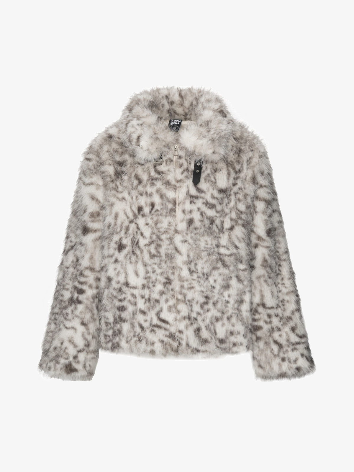 TAELE PLUS LEOPARD PRINT FAUX FUR COAT; Gray; front view