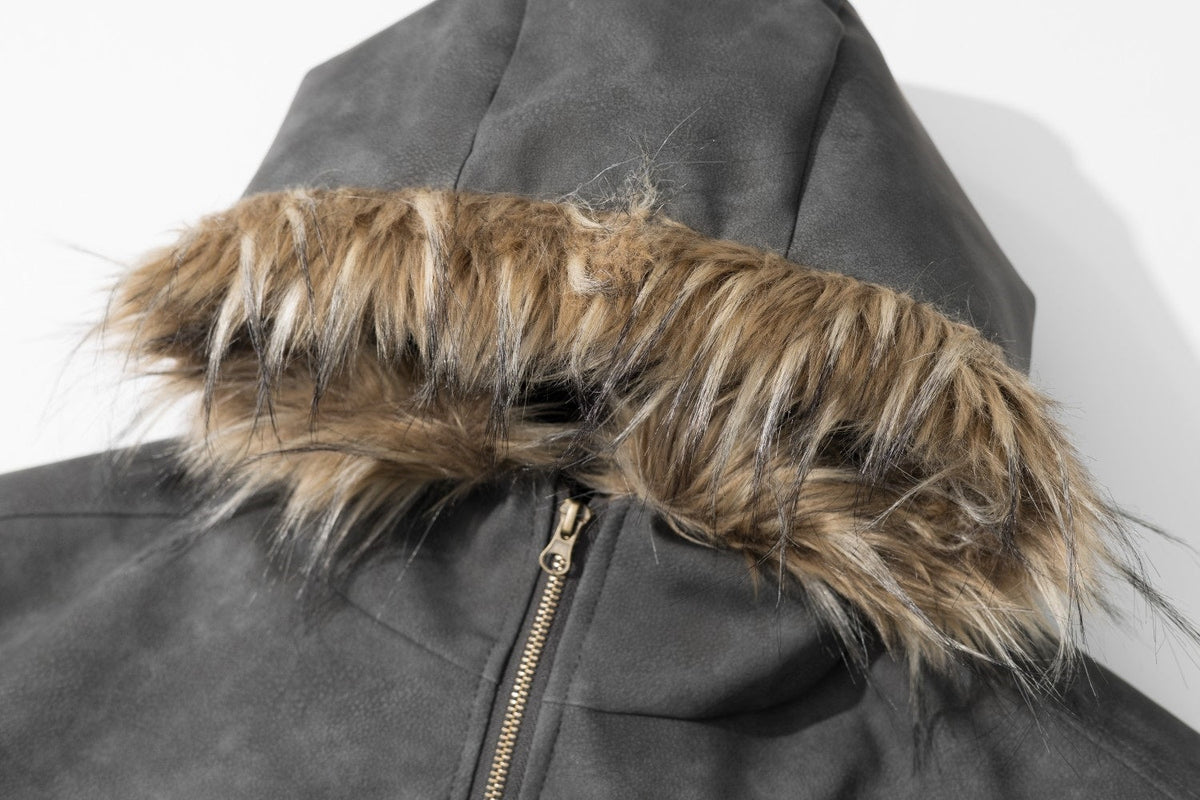 TAELE PLUS WASHED FUR HOOD JACKET; Charcoal; garment construction detail