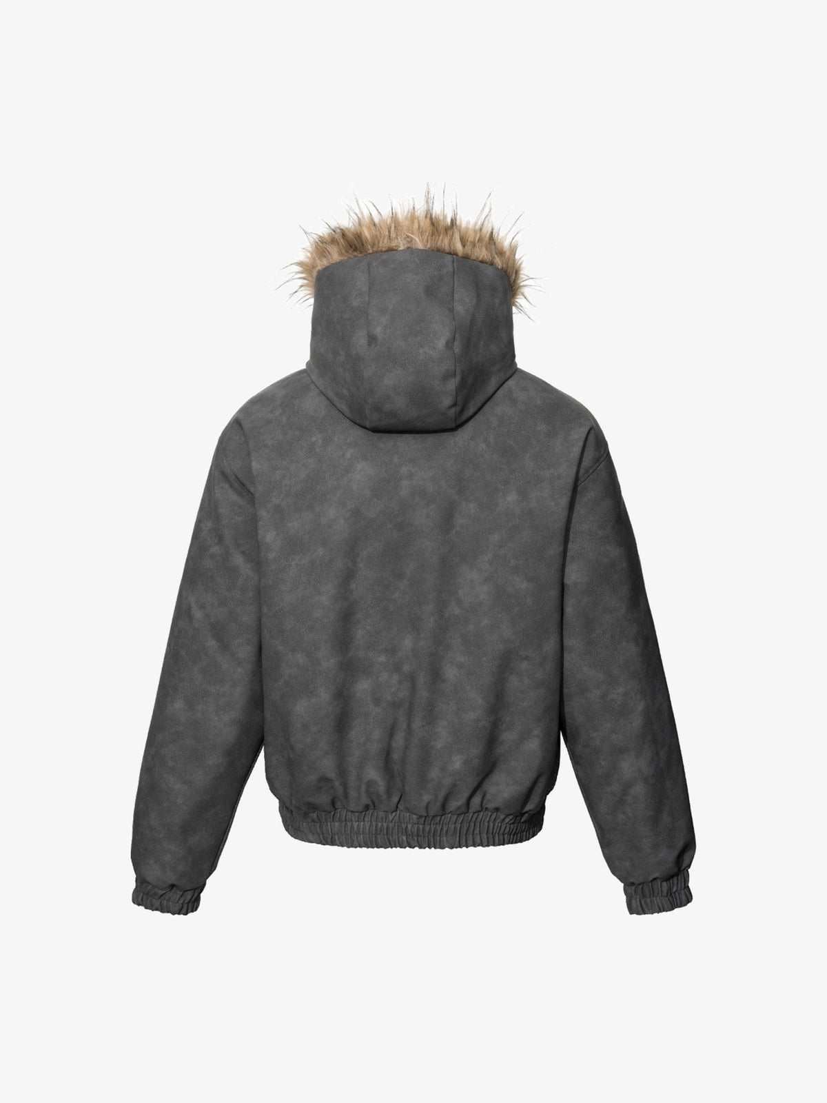 TAELE PLUS WASHED FUR HOOD JACKET; Charcoal; back view