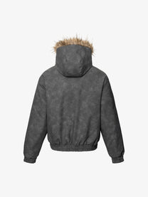 TAELE PLUS WASHED FUR HOOD JACKET; Charcoal; back view