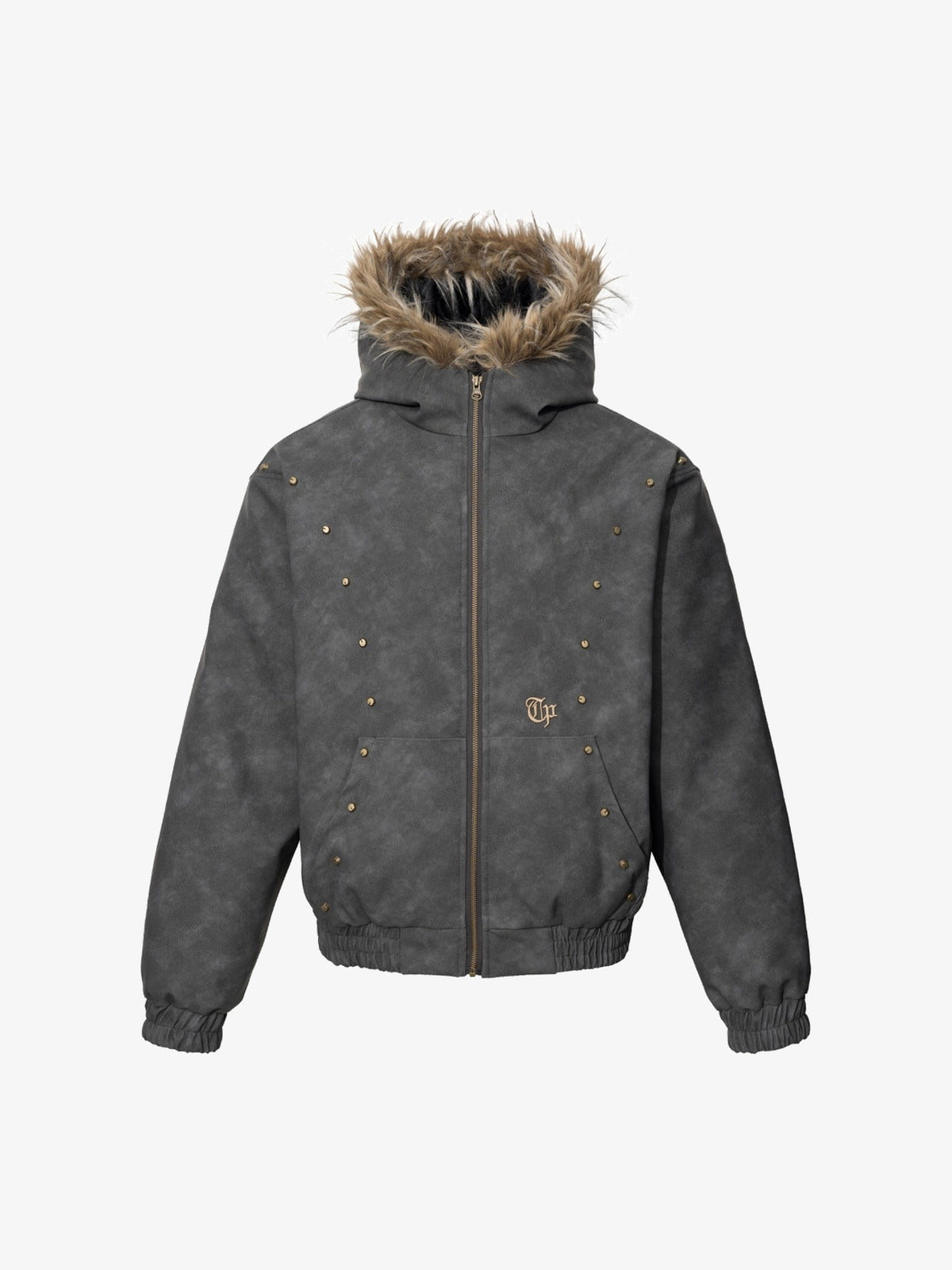 TAELE PLUS WASHED FUR HOOD JACKET; Charcoal; front view