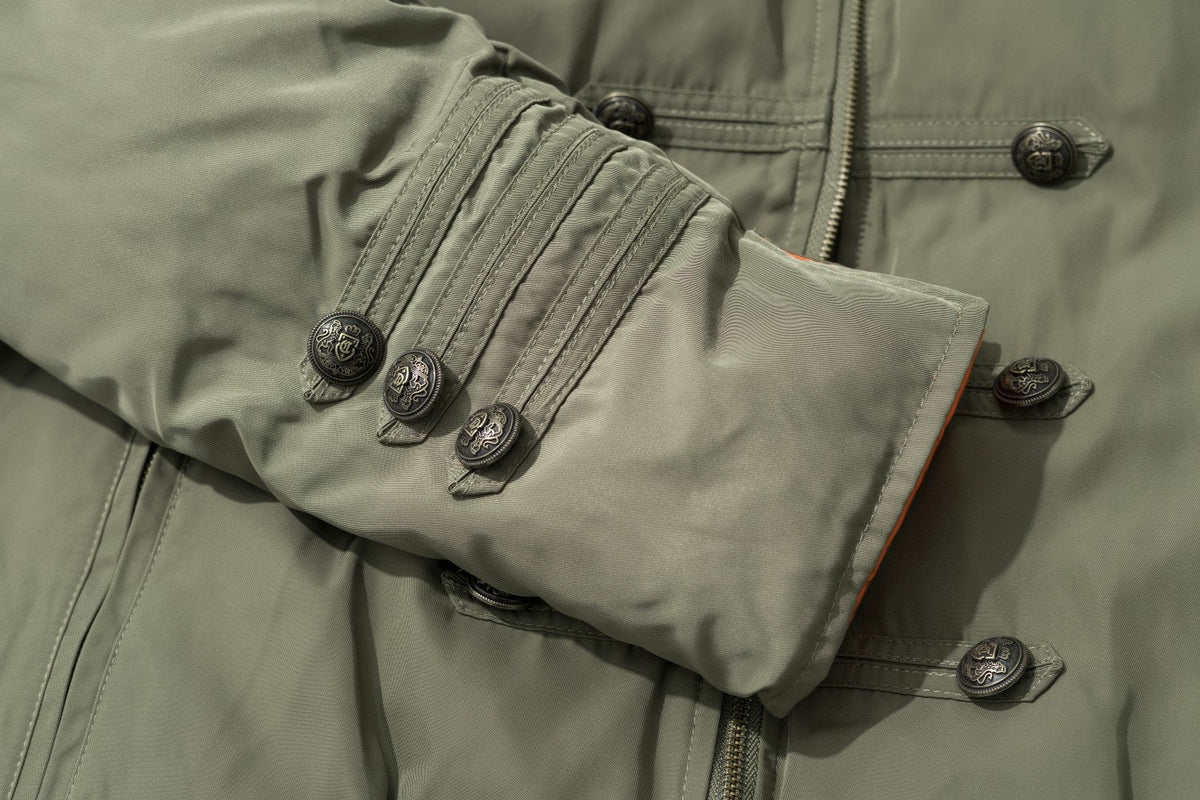 TAELE PLUS LEOPARD FAUX FUR COLLAR JACKET; Gray Green; garment construction detail