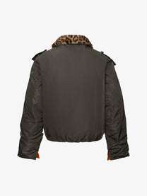 TAELE PLUS LEOPARD FAUX FUR COLLAR JACKET; Brown Green; back view