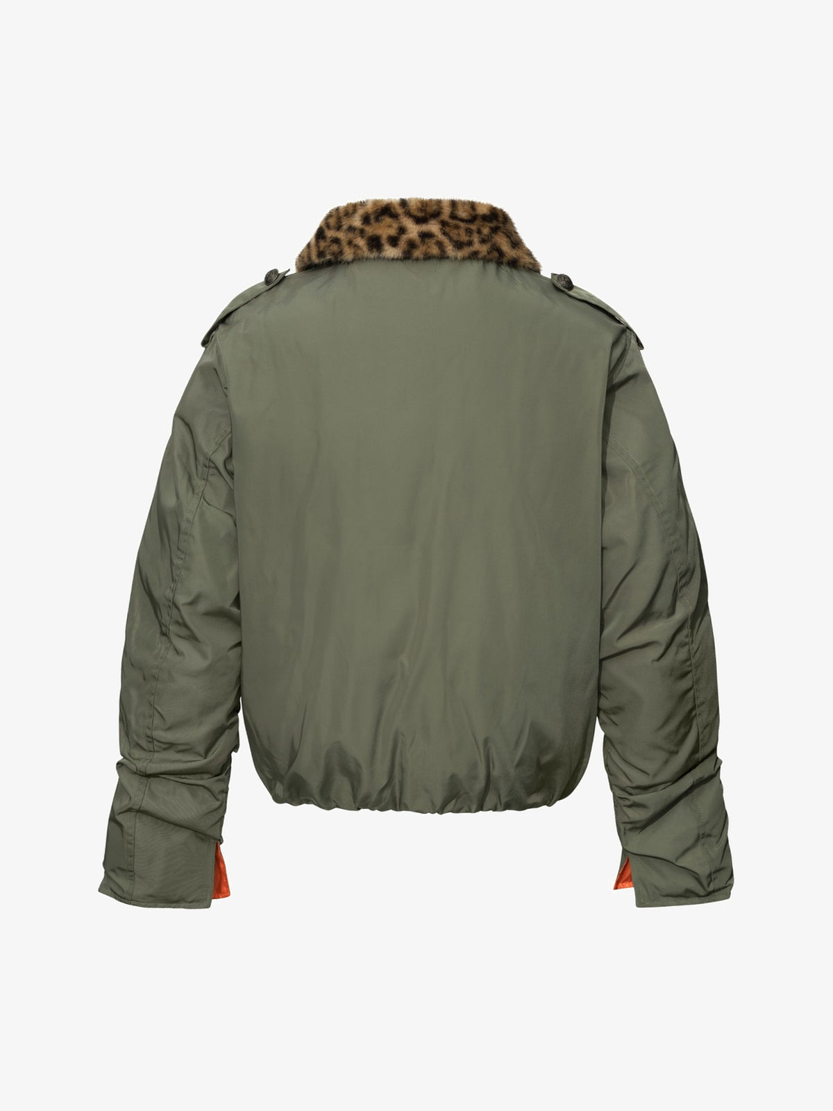 TAELE PLUS LEOPARD FAUX FUR COLLAR JACKET; Gray Green; back view