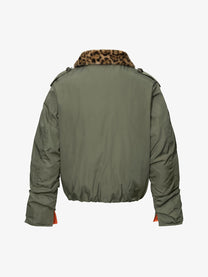 TAELE PLUS LEOPARD FAUX FUR COLLAR JACKET; Gray Green; back view